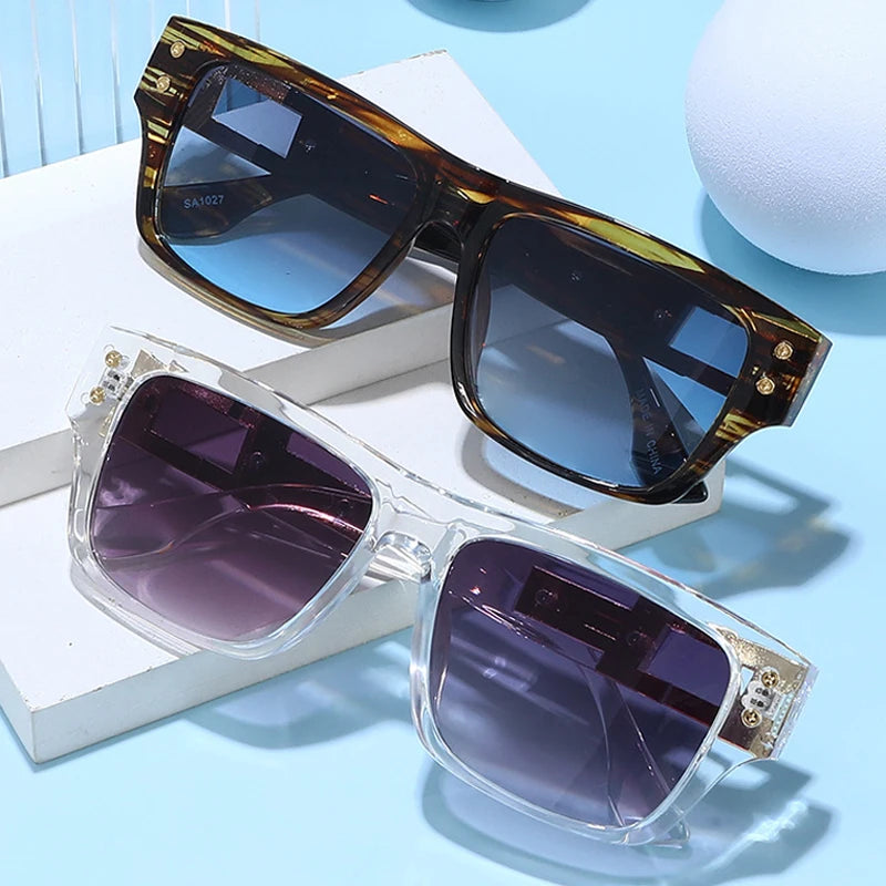 JNPCXI New Square Men Sunglasses Shades UV400 Retro Brand Designer Rivets Women Blue Gradient Hollow Sun Glasses