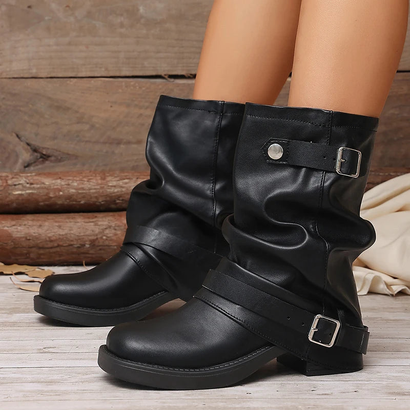 Fashion Buckle Black Pu Leather Ankle Boots Women Slip On Thick Heels Punk Motorcycle Boots Woman Plus Size 42 Slouchy Botas