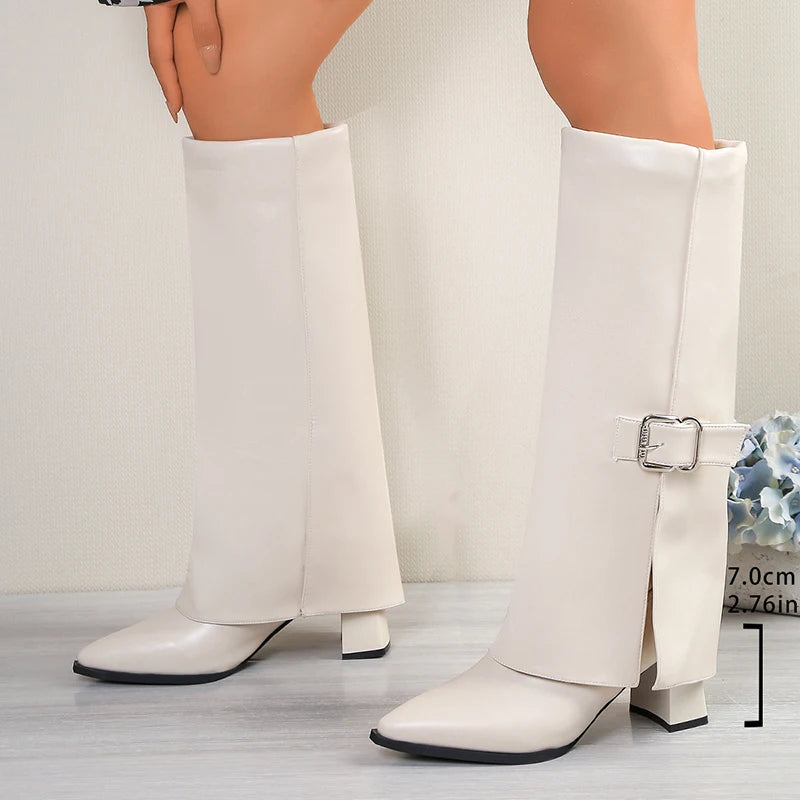 Sexy Pointed Toe High Heels Knee High Boots Women Punk Style Buckle Wide Leg Boots for Woman Pu Leather Gothic Long Botas Mujer