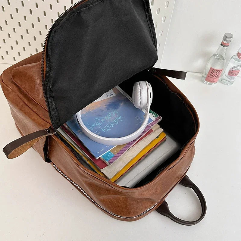 Old Style Laidback Backpack PU Leather Men Bag Laptop Travel Solid Work Bag