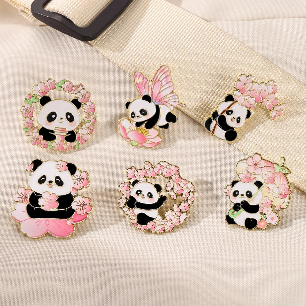 6pcs Cute Cartoon Animal Enamel Brooches - Flower Panda Cherry Blossom & Butterfly Lapel Pins Metal Badges Jewelry Gift Set
