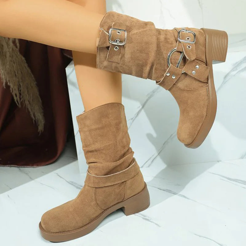 Khaki Faux Suede Boots for Women Autumn Winter Street Style Buckle Strap Decoration Ankle Boots Woman Rivet Platform Botas Lady