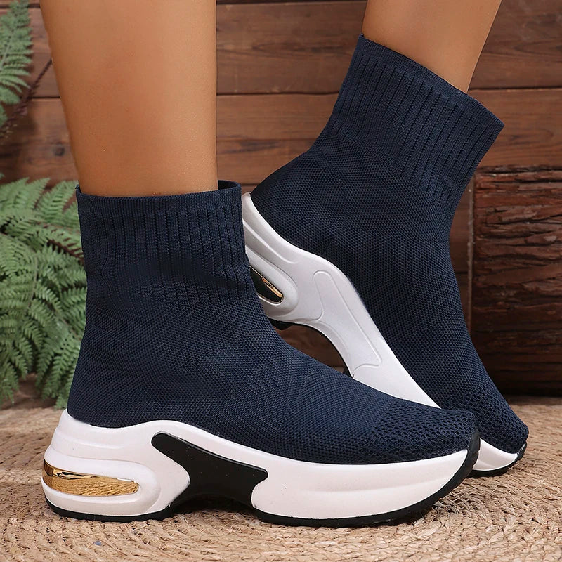 2025 Thick Bottom Knitted Ankle Boots Women Comfort Breathable Platform Sock Shoes Woman Plus Size Wedges Short Booties Mujer
