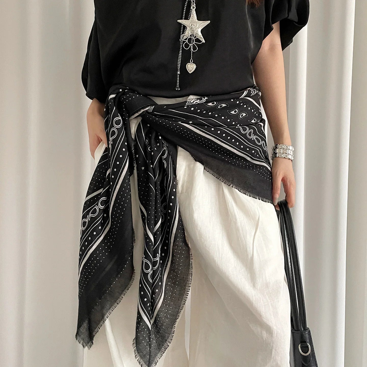 Retro Black Printed Petticoat Scarf Korean Lazy Style Thin Shawl Small Neck Scarf Accessory Belt