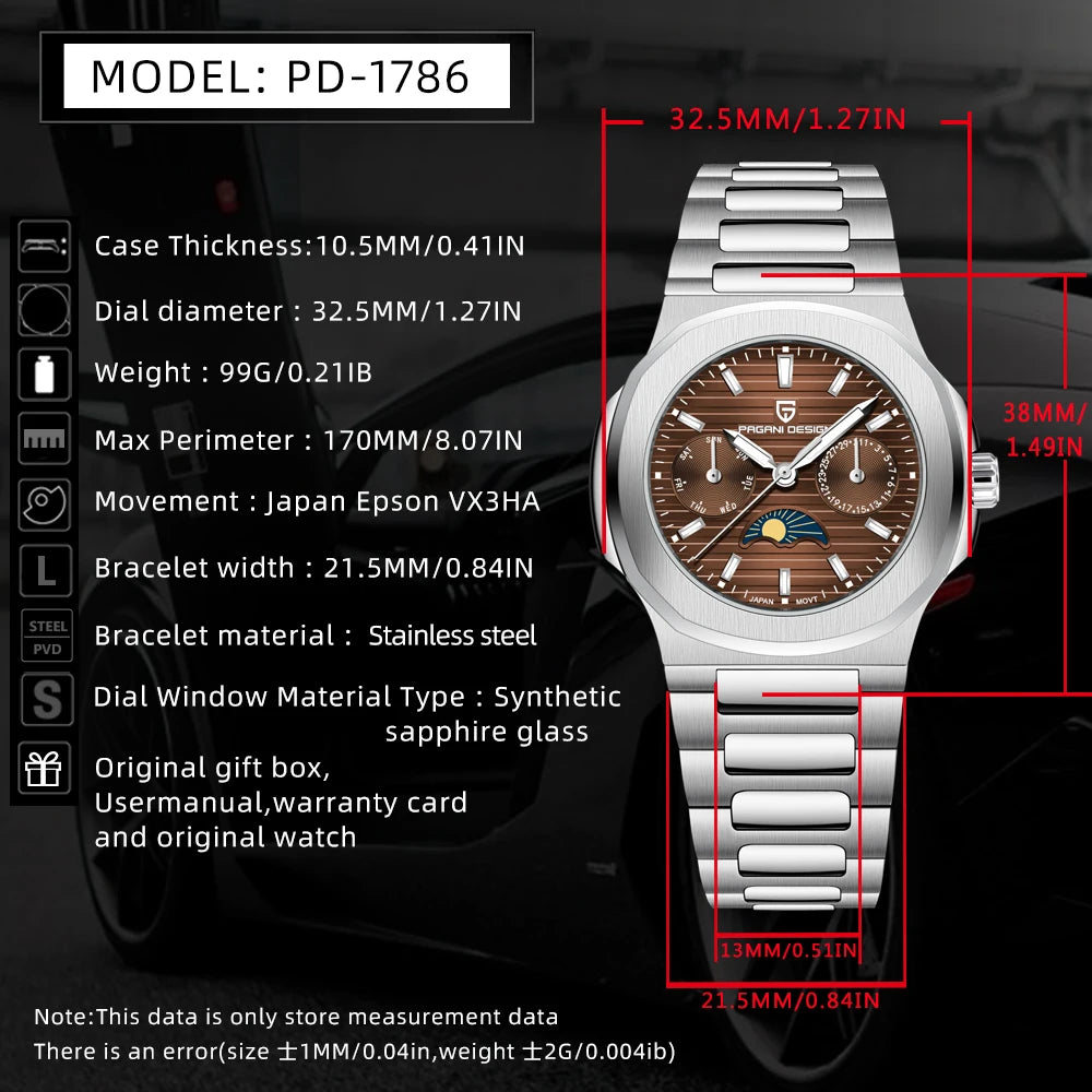 PAGANI Luxury Quartz Watches Men Multifunction Chronograph Auto Moon Phase Watch