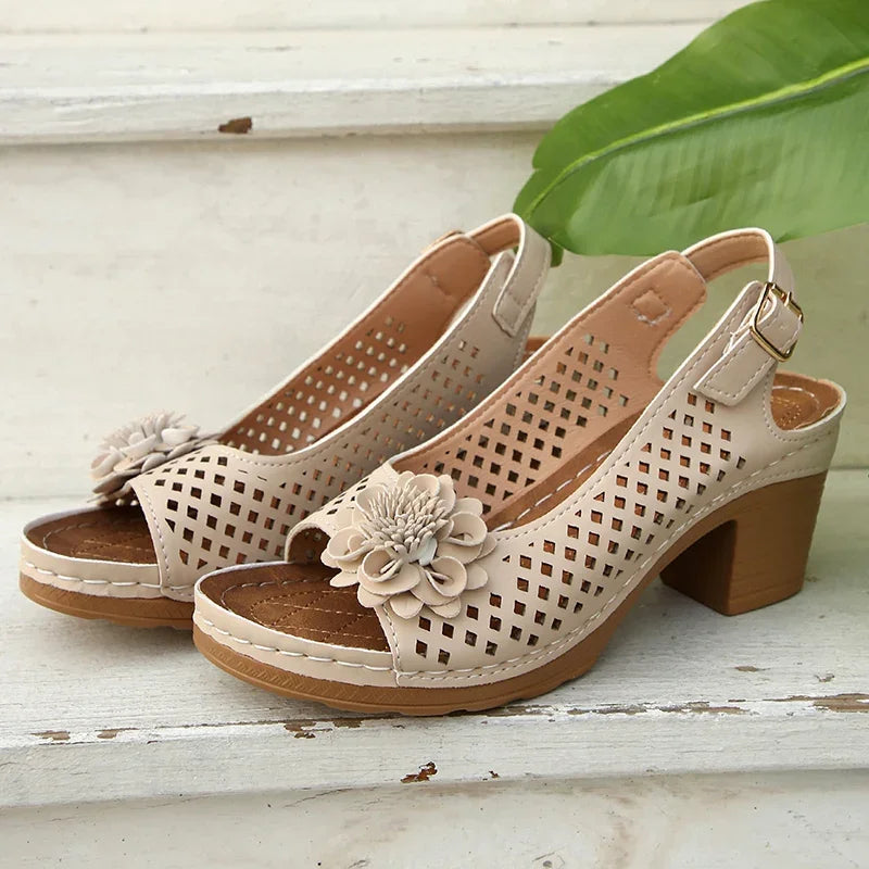 Fashion Flowers High Heels Sandals Women Back Strap Hollow Out Summer Sandles Woman 2025 Plus Size Thick Heeled Sandalias Mujer