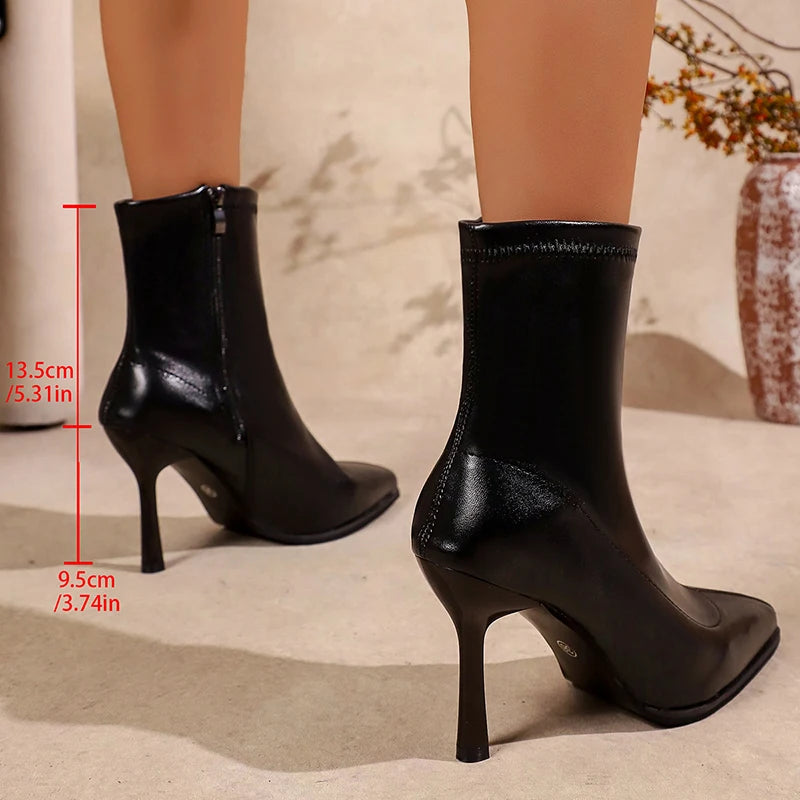 Fashion Stiletto Heel Ankle Boots Women Plus Size 43 Sexy Pointed Toe Pu Leather Boots Woman Side Zipper Super High Heels Botas