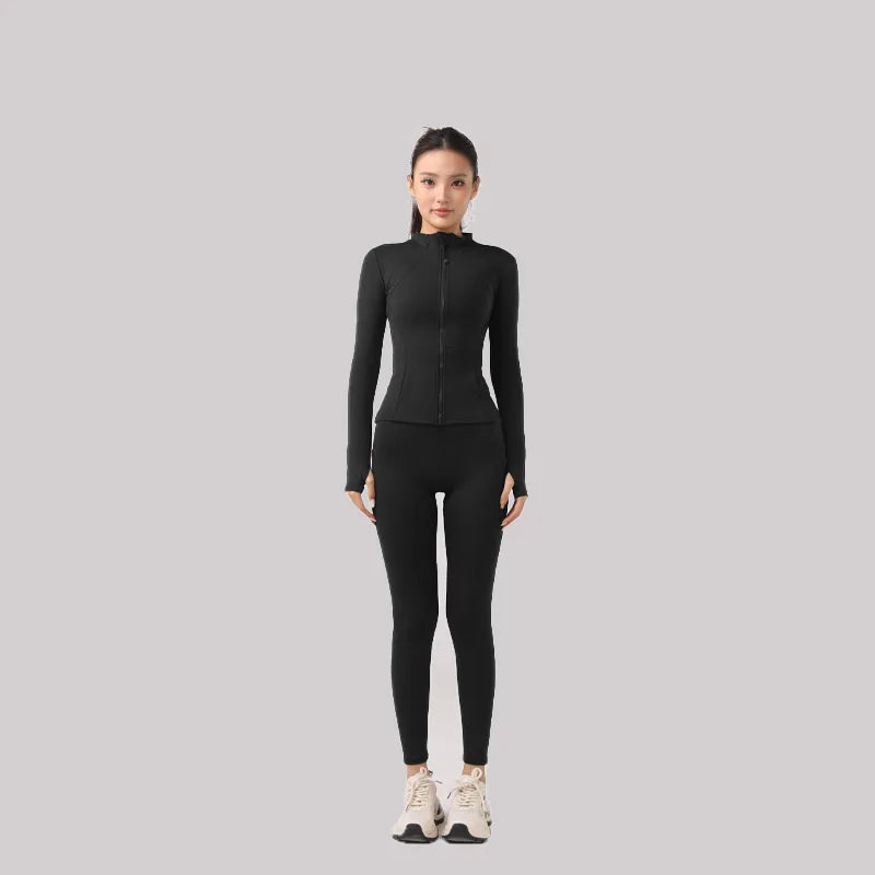 New Yoga Set: Stand Collar Zipper Slim-Fit Layering Sports Two-Piece with Thumb Holes