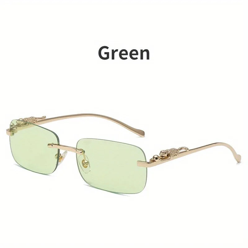 Frameless Rectangular Fashion Glasses for Men and Women Luxurious Design with Gold Metal Border Leopard Head Buckle