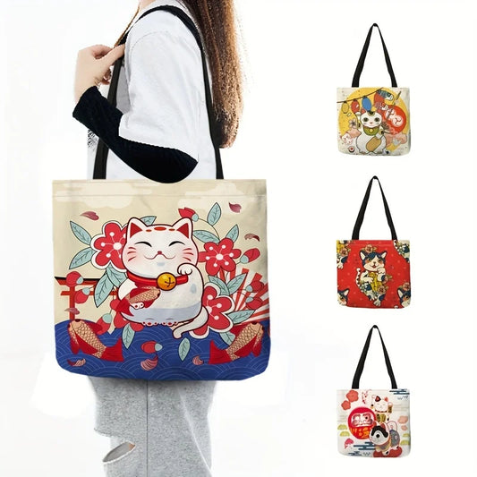 1pc Cute Cat Print Tote Bag, Lucky Fortune Shoulder Bag, Women's Fashion Handbag