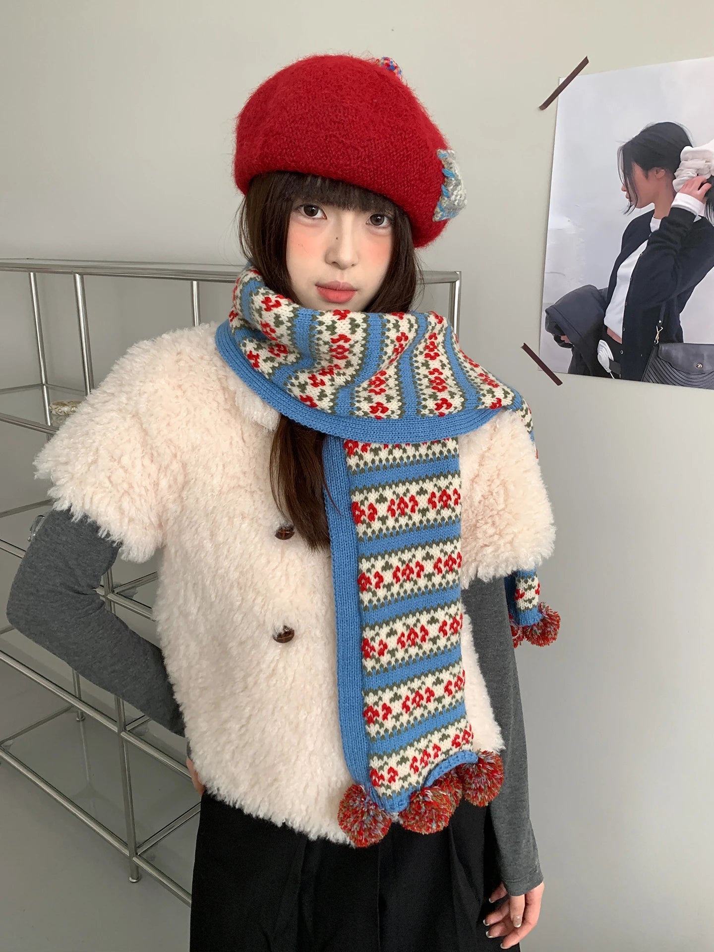 Retro Fair Lsle Christmas Jacquard Knit Scarf For Women Winter Aura Warmth Cold-Proof Neck Warmer