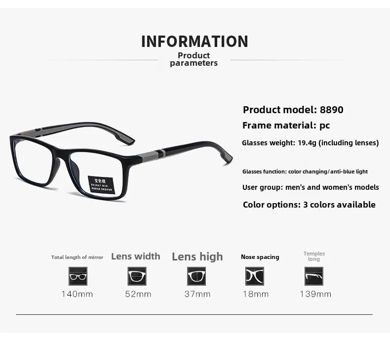 Fashion Photochromic Reading Glasses for Men Sports Glasses Anti Blue Light Glasses +100 +150 +200 +250 +300 +350 +400