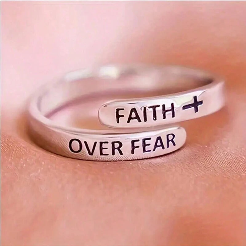 Religious Silver Color Cross Faith Over Fear Ring Adjust Wrap Ring Women Jewelry