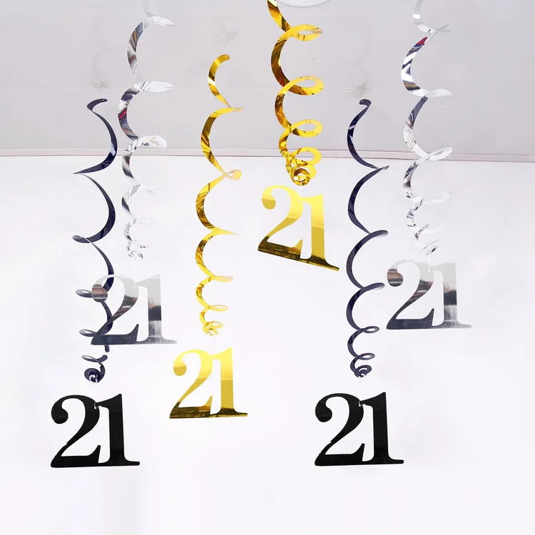 6pcs/set Spiral 18 21 25 30 40 50 60 70 80 90 Years Birthday Swirls Hanging Ornament Birthday Hanging Garland Party Decoration