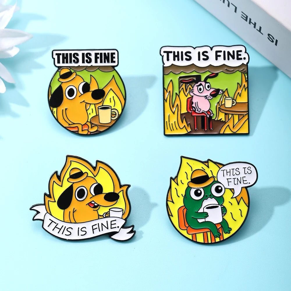 4PCS Yellow Anime Cartoon "This Is Fine" Hound Dog Chair Comic Brooch Animals Flames Enamel Pins Fashion Cute Bag Backpack Jewel