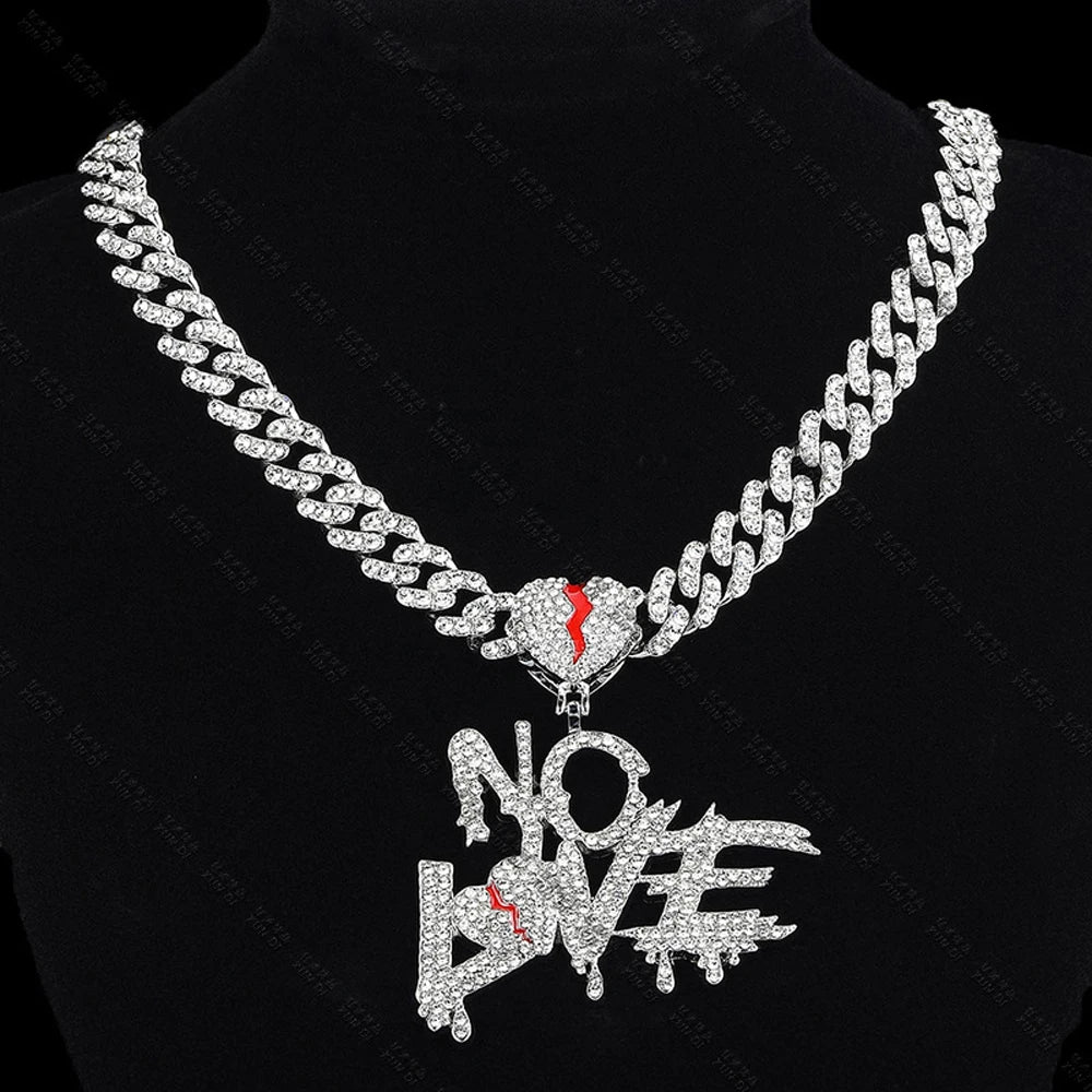 Hip Hop Iced Out Bling Crystal Cuban Chains NO LOVE Necklace Pendants For Men and Women Heart Broke Statement Necklaces Jewelry