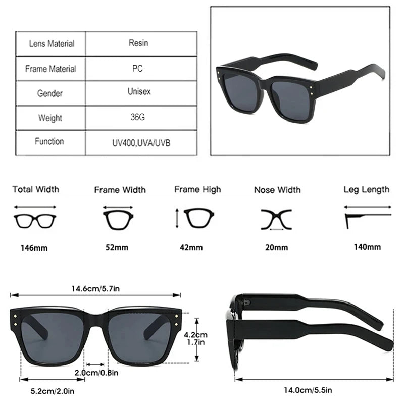 JNPCXI Vintage Rivets Square Men Sunglasses Fashion Amber Gradient Shades UV400 Women Outdoor Sun Glasses
