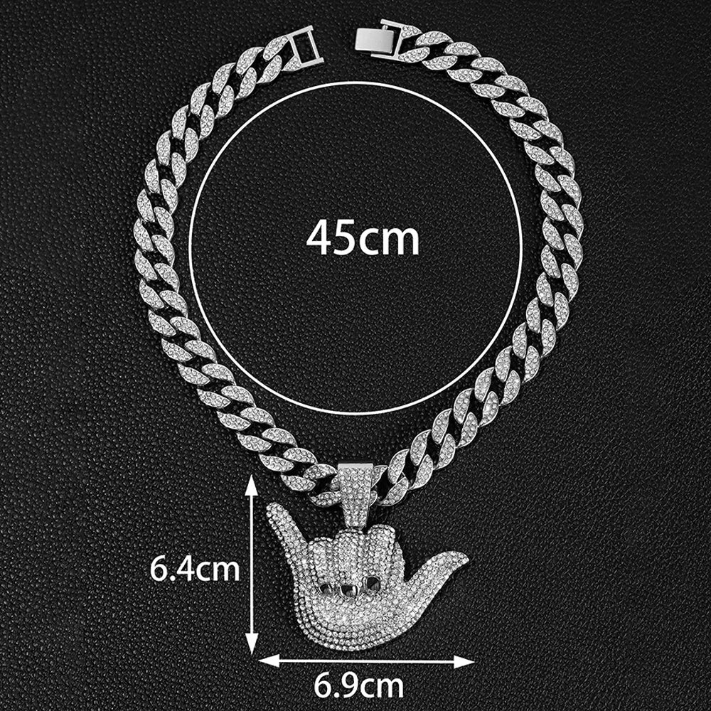 Hip Hop Number 6 Gestures Pendants Necklaces With 15mm Cuban Chain Fashion Bling Crystal Personality Cool Jewelry For Men Women