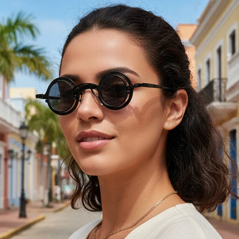 JNPCXI New 2 in 1 Punk Round Men Sunglasses Retro Rivets Women Gold Black Shades UV400 Sun Glasses