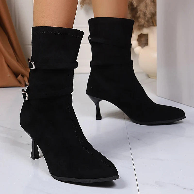 Pointed Toe High Heel Ankle Boots Women Fashion Buckle Decor Stiletto Heel Boots Woman Autumn Winter Slip On Short Booties Mujer