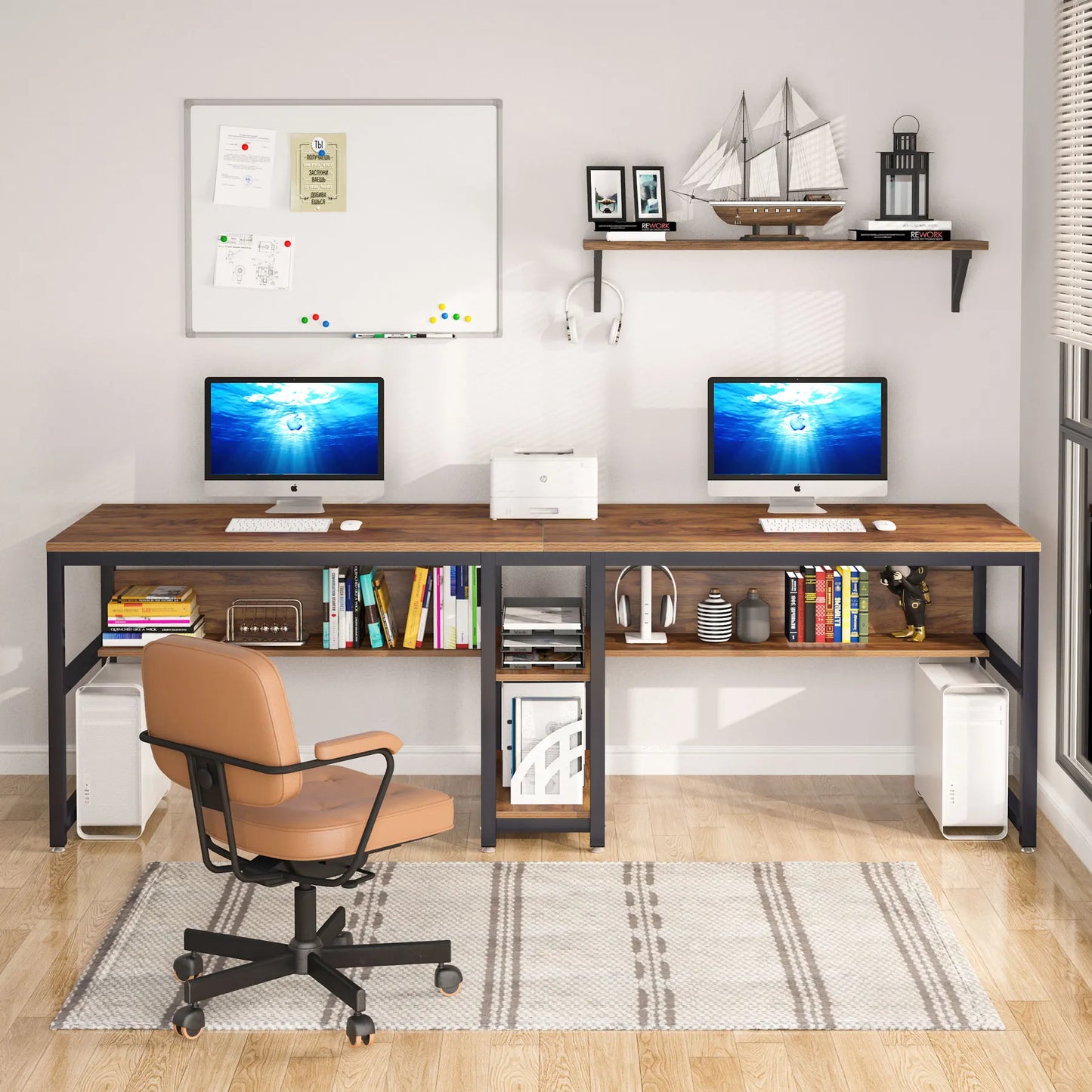 Tribesign Two Person Desk with Bookshelf, 78.7 Computer Office Double Work Desk