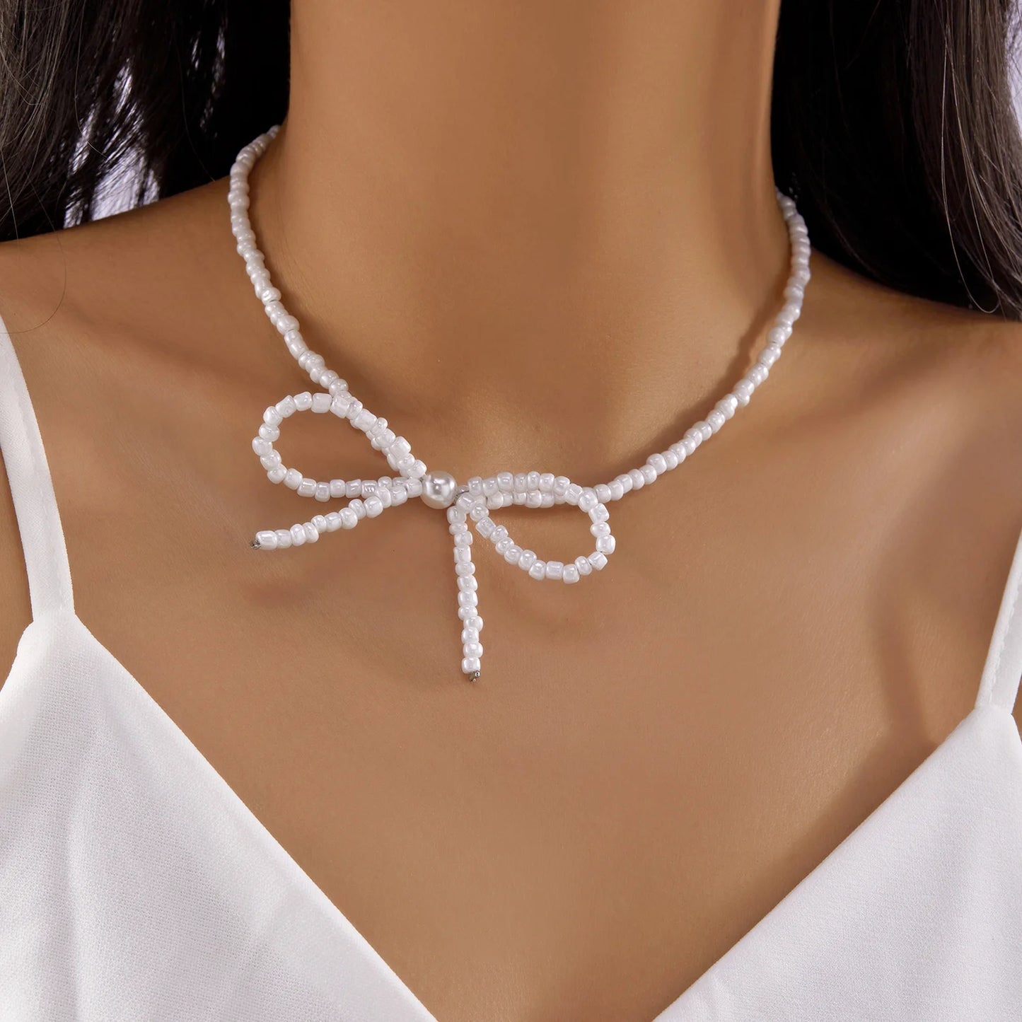 Elegant Fashion Bowknot Pearl Choker Necklace for Women Girl Cute Romantic Handmade Colorful Beads Collarbone Chain Jewelry Gift
