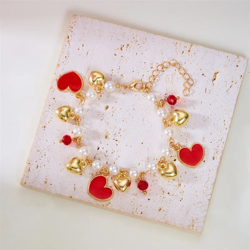 Y2K Sweet Cute Red Strawberry Cherry Pendant Necklace for Women Girls Love Heart Imitation Pearl Chain Choker Fashion Jewelry