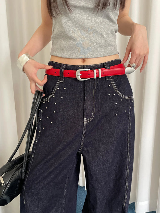 Women's 2025 New Red Cowhide Leather Belt With A Sense Of Design Suitable For Jeans Fashionable And Versatile Belt To Trim The