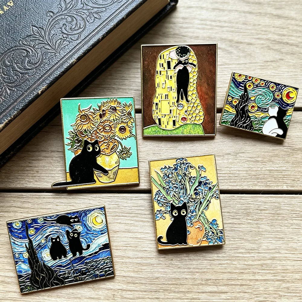 5pcs Famous Painting Black Cat Enamel Pins Set Aesthetic Vintage Sunflower Art Brooches Badge Pins for Backpack fans Collectible