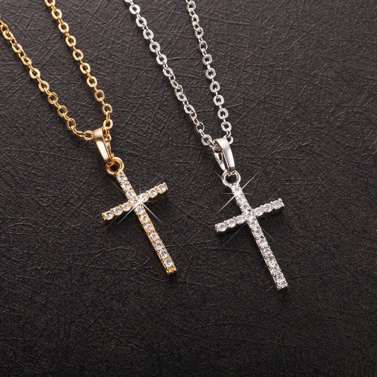 New Fashion Cross Pendants Golden Silver Color Crystal Jesus Cross Pendant Necklace For Men Women Jewelry Wholesale Dropshipping