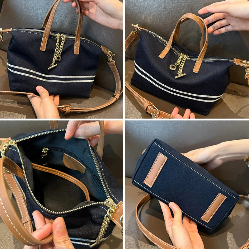 Denim & Genuine Cowhide Leather Mini Dome Bag for Women Luxury Designer Top Handle Crossbody Shoulder Bag with Gold Chain Detail