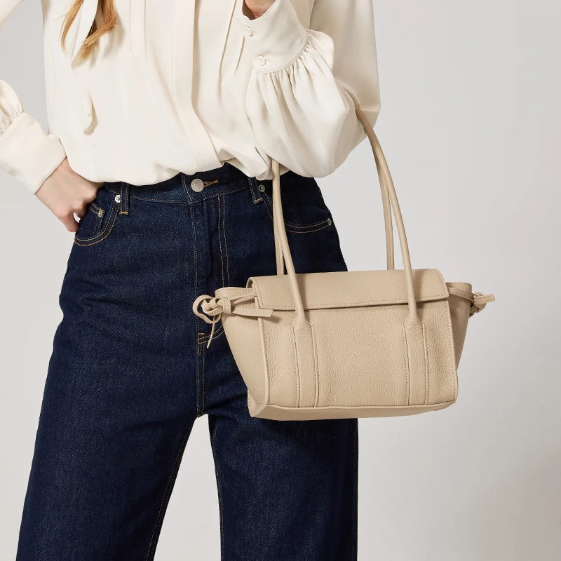 Women's Long-Handled Genuine Cowhide Leather Tote Bag Luxury Designer Pebbled Leather Drawstring Side Crossbody Shoulder Bag