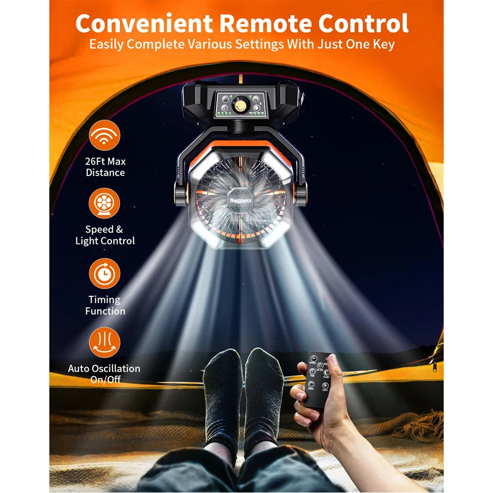 Orange 20000mAh Battery Camping Fan, 4 LED Lantern 8 Speed Desk Fan Portable Fan