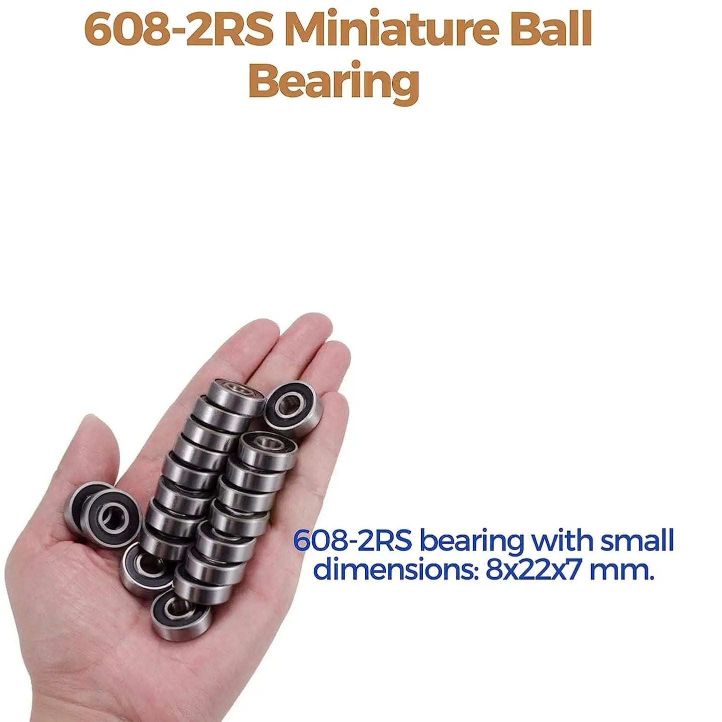 608 2RS Bearings, 50 Pack 608 Bearing, 8x22x7mm RS Ball Bearing Grease Seal Assembly Roller Skateboard Bearings, 8mm Small Bear