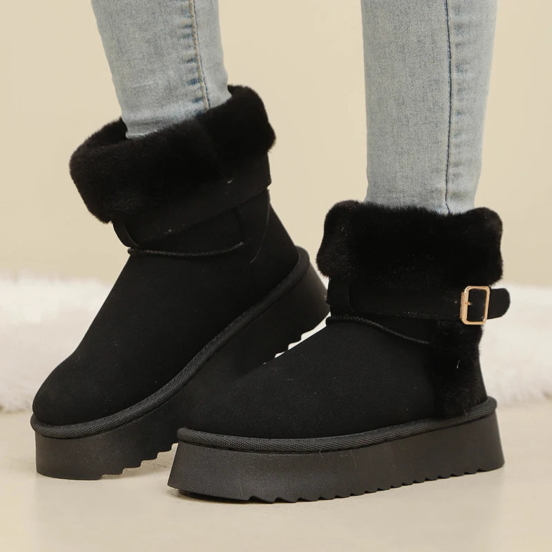 Faux Fur Winter Ankle Boots Women Fashion Buckle Anti Slip Platform Snow Boots Woman Plus Size Faux Suede Warm Short Booties