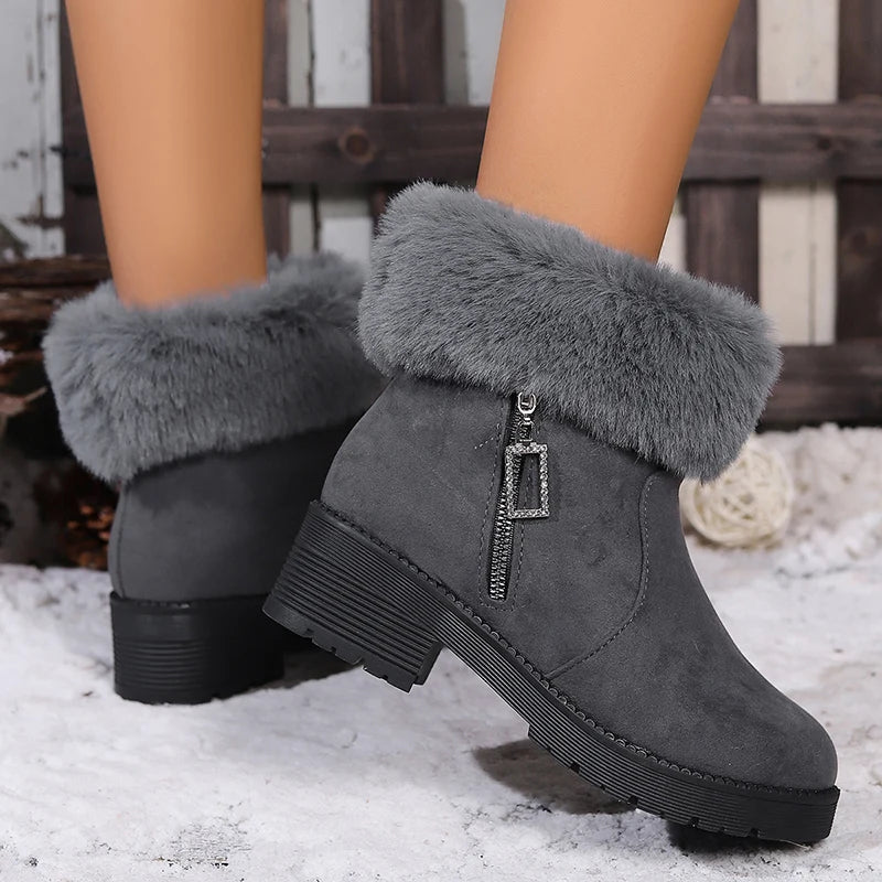 Winter Faux Fur Thick Heels Ankle Boots Women Faux Suede Short Plush Warm Snow Boots Woman 2025 Zipper Plush Winter Botas Mujer