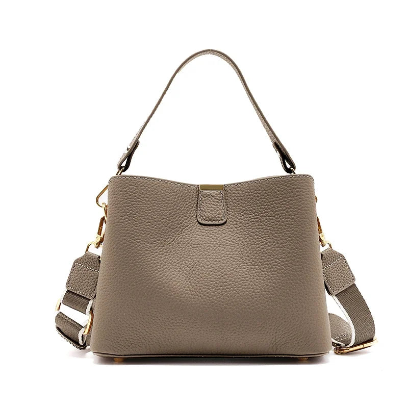 Genuine Cowhide Leather Bucket Bag for Women Luxury Designer Mini Top Handle Crossbody Shoulder Bag with Wide Strap Tote Bag