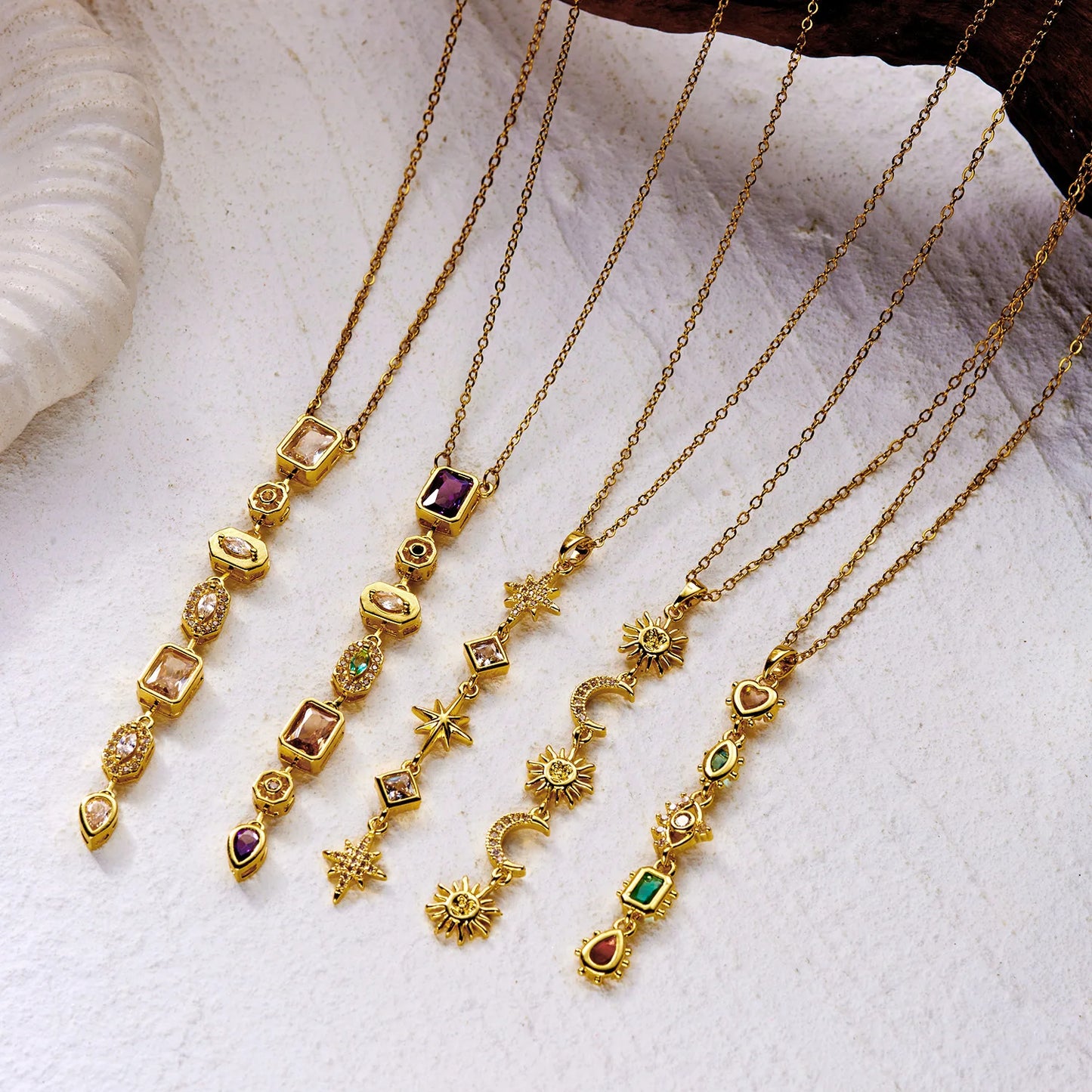 Shiny Colorful Tassel Star Burst Diamond Shape Long Pendant Stainless Steel Necklace for Women Bohemian Layered Jewelry Gift