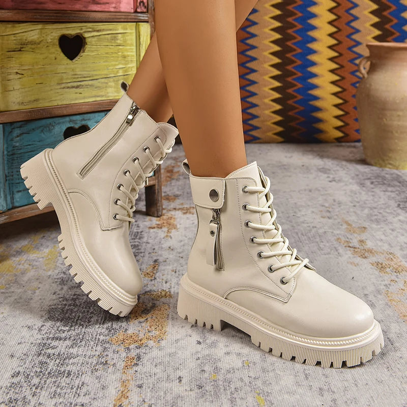 Black Pu Leather Motorcycle Boots Women 2025 Fashion Lace Up Platform Ankle Boots Woman Plus Size 42 Zipper Gothic Shoes Female