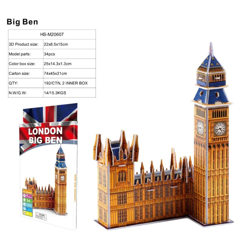 3D World-famous Architectural Puzzle Big Ben Pisa Tower White House Kindergarden Toy Children Classroom Handmade Gifts Jigsaw