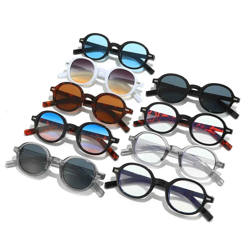JNPCXI New Round Sunglasses Women Fashion Clear Ocean Blue Pink Gradient Lens Shades UV400 Men Retro Punk Rivets Sun Glasses