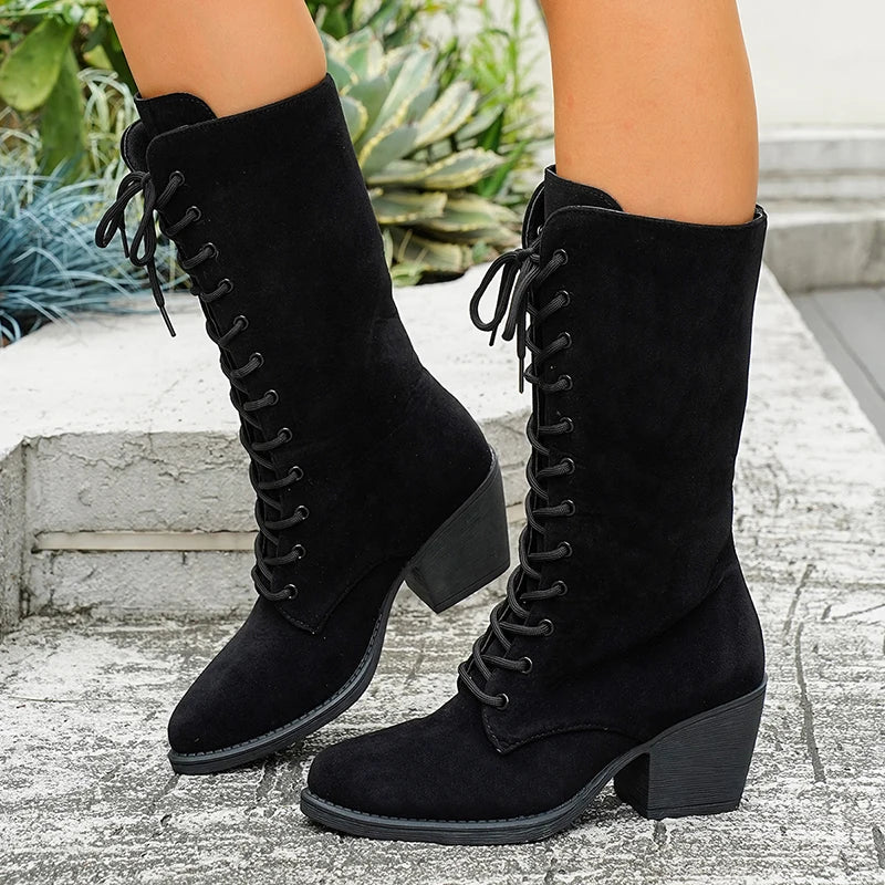Cross Lace Up High Heel Mid Calf Boots Women Vintage Pointed Toe Flock Long Botas Mujer Plus Size 43 Thick Heels Western Boots