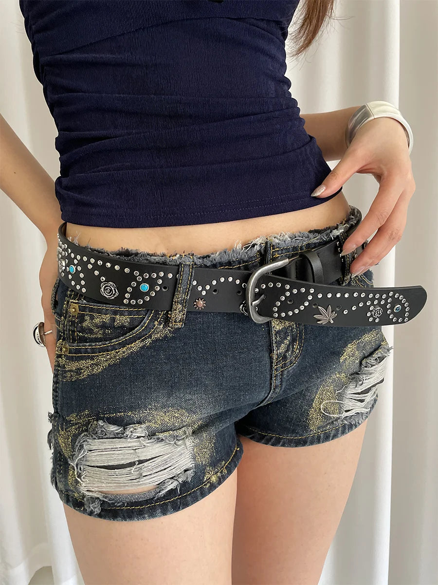 Flower Rivet Rhinestone Belt With A Broken Feeling Zinc Alloy Button Decoration Wide Version Of The Belt Jeans Waist Belt