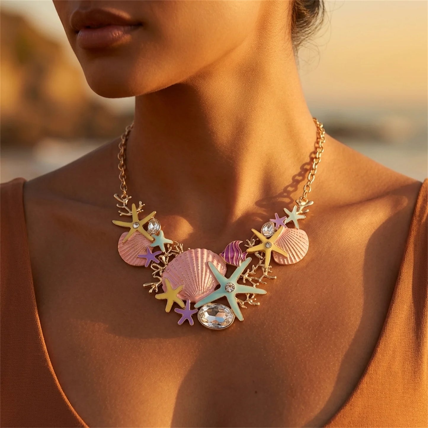 Exaggerated Metal Starfish Shell Pearl Necklace for Women Summer Ocean Coral Scallop Pendant Necklace Boho Beach Jewelry Gift