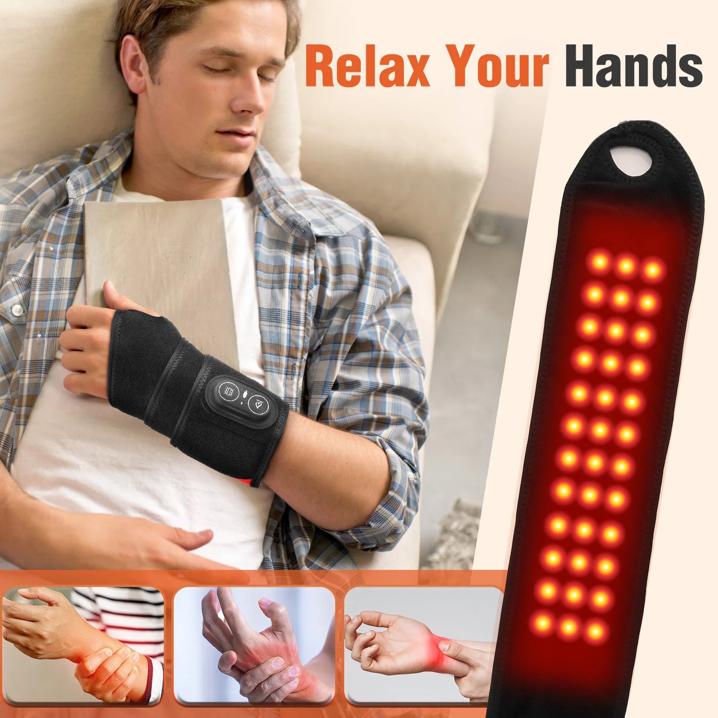Cordless 36pcs LED Beads 660&850nm Red Light Heating Protect Belt 3 Levels Heating Vibration Hand Wrist Wrap for Leg Arm Ankle