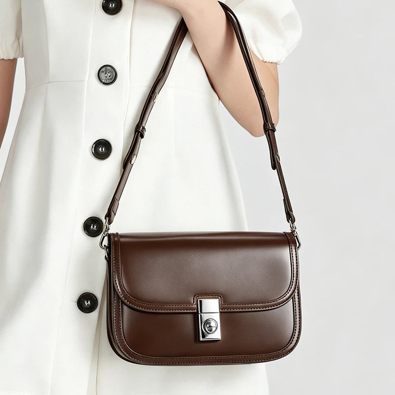 Genuine Cowhide Leather Flap Crossbody Bag for Women Vintage Saddle Shoulder Bag with Silver Lock Luxury Designer Messenger bags