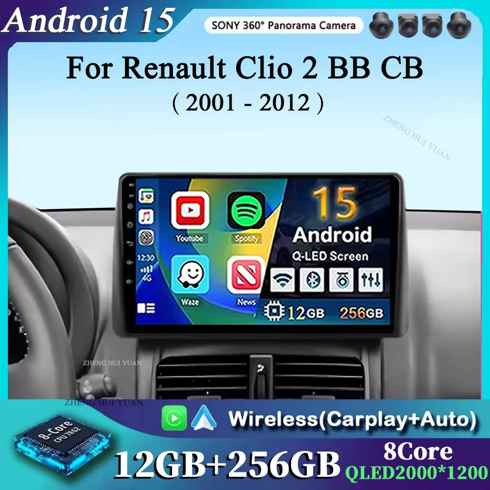 Android 15 Car Radio Carplay For Renault Clio 2 BB CB 2001 - 2012 Navigation GPS Android Auto Screen Stereo 5G Wifi BT DSP