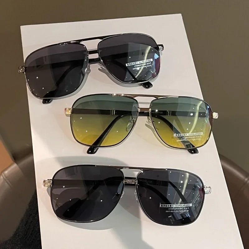 2PCS Polarized Sunglasses Men's Square Double Beam Sunshade Driver's Driving  Fishing Color Changing Day and Night Dual-use