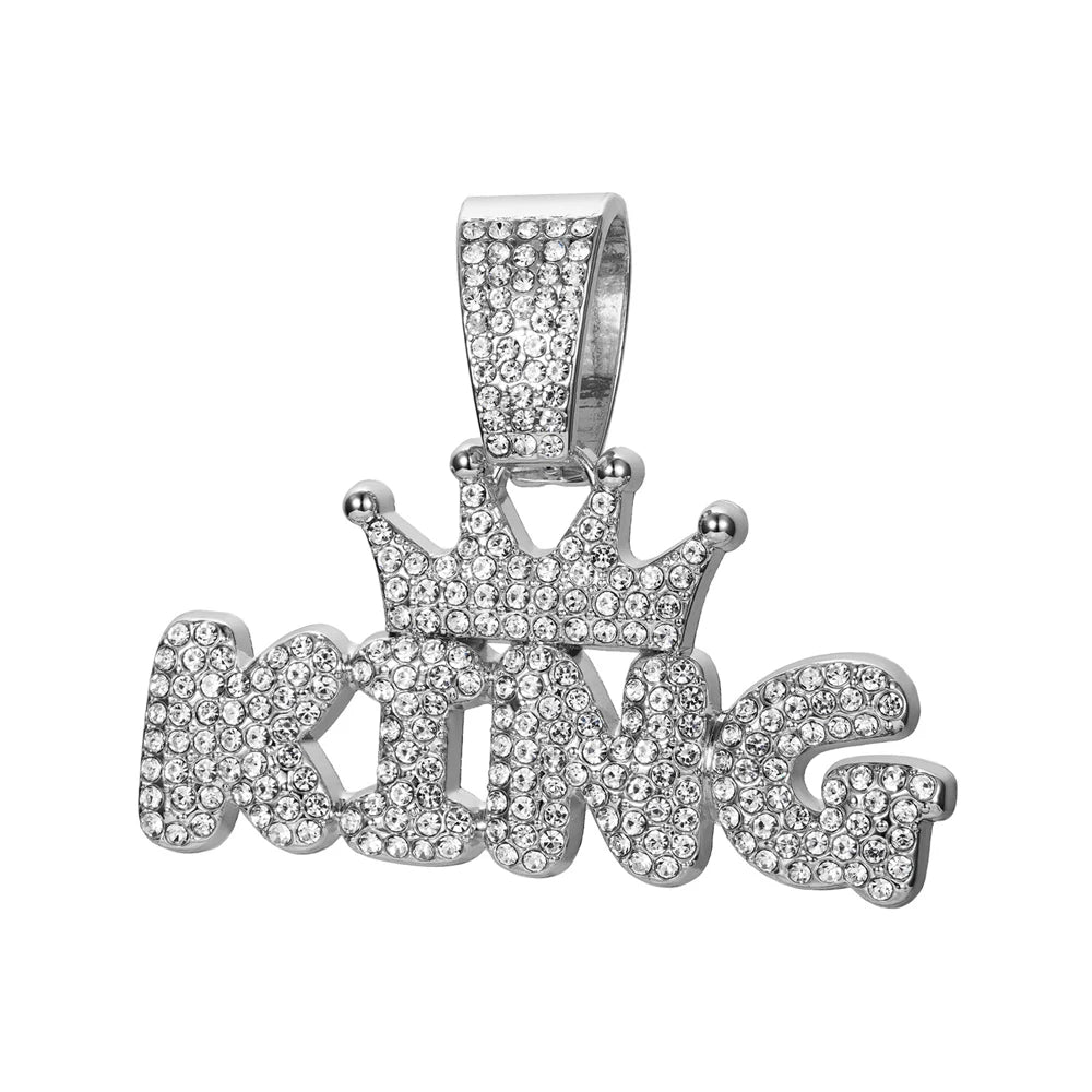 Hip Hop Crown with KING Letter Pendant Necklace For Men Crystal Cuban Chain Iced Out Bling Hiphop Necklaces Rock Biker Jewelry