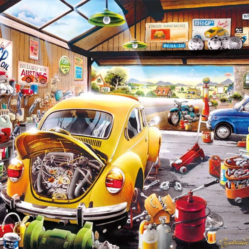 75*50cm Adult Paper Jigsaw Puzzle 1000pcs Car Repair Shop Garage Paintings Stress Relief Entertainment Educational Toys